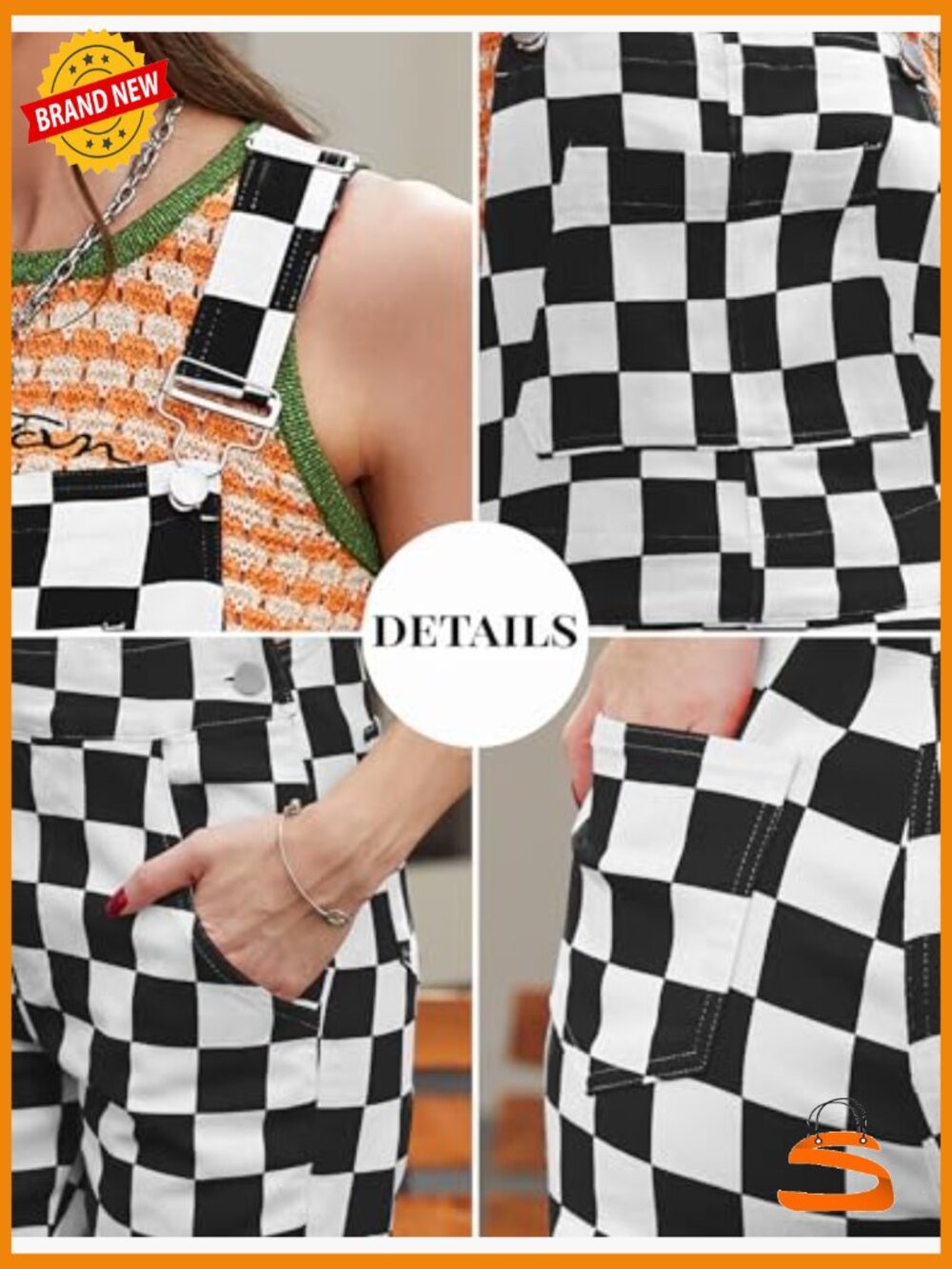Overalls for Women Checkered Jumpsuit Stretchy Romper Plaid Bib Coveralls - Picture 7 of 7